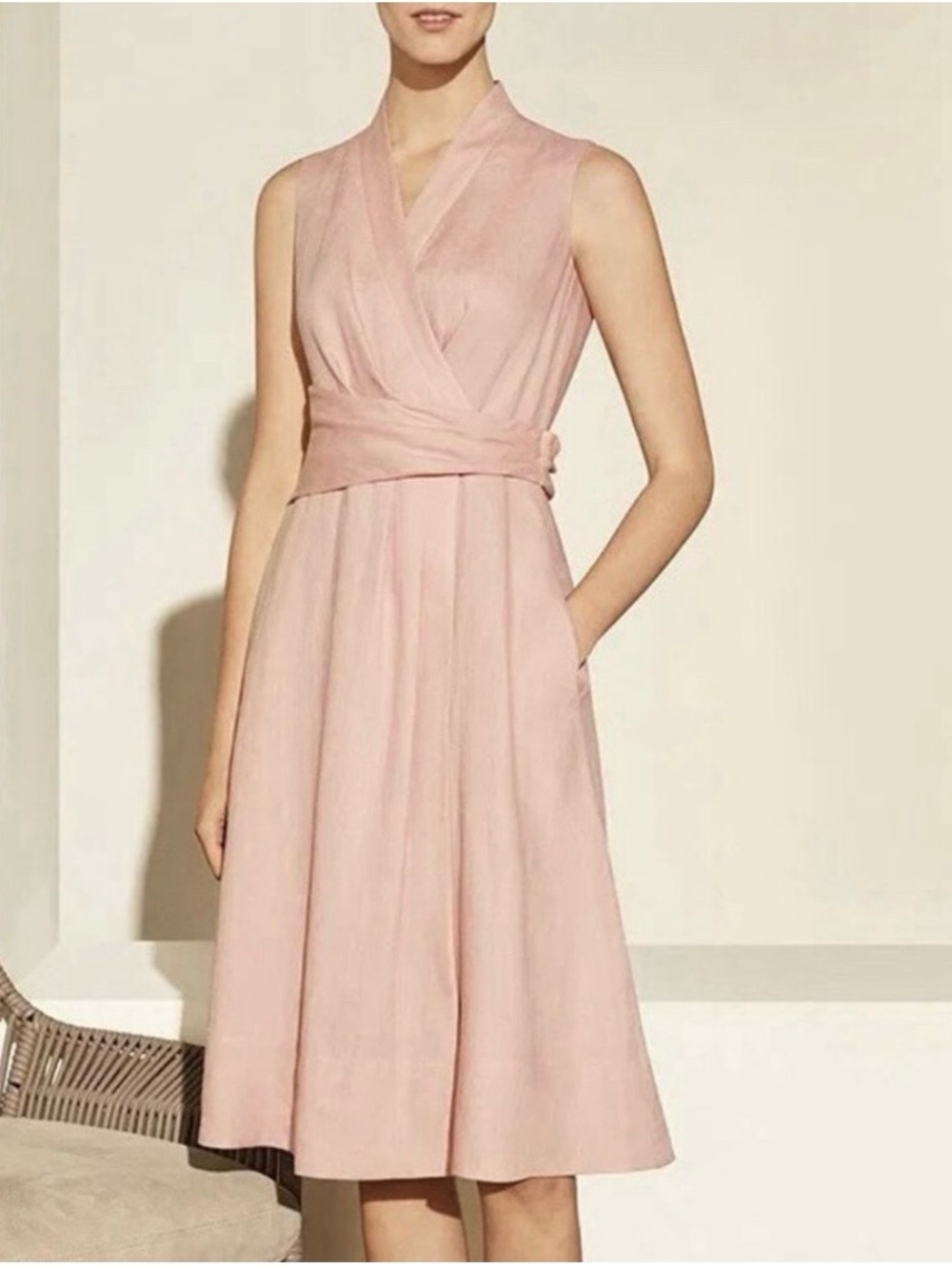 100% Linen Sleeveless faux wrap Wrap Midi Dress in Soft Pink